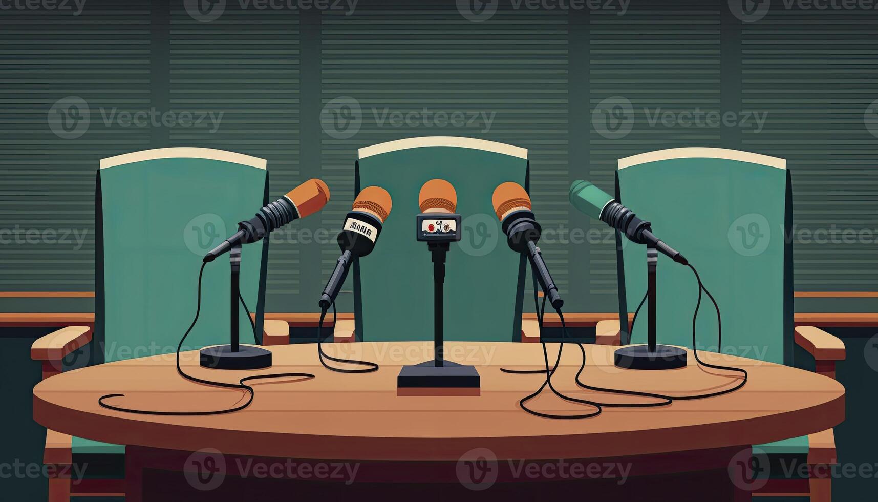 Microphones of different mass media, radio, tv for conference meeting. Press conference or interview concept, photo