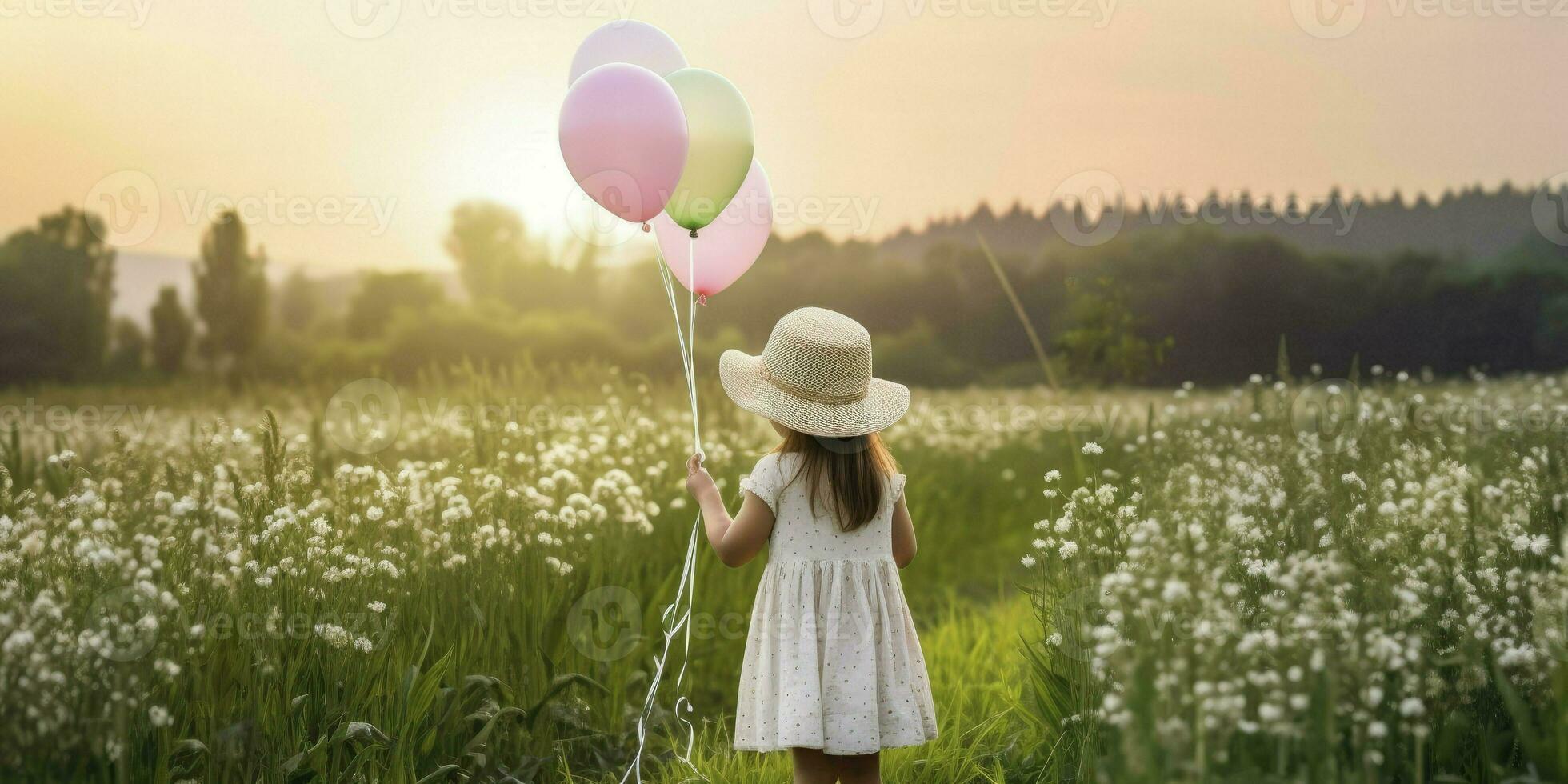 Happy child playing with bright multicolor balloons outdoor. Kid having fun in flower garden against twilight sky background. Vacation and travel concept, Generative AI photo