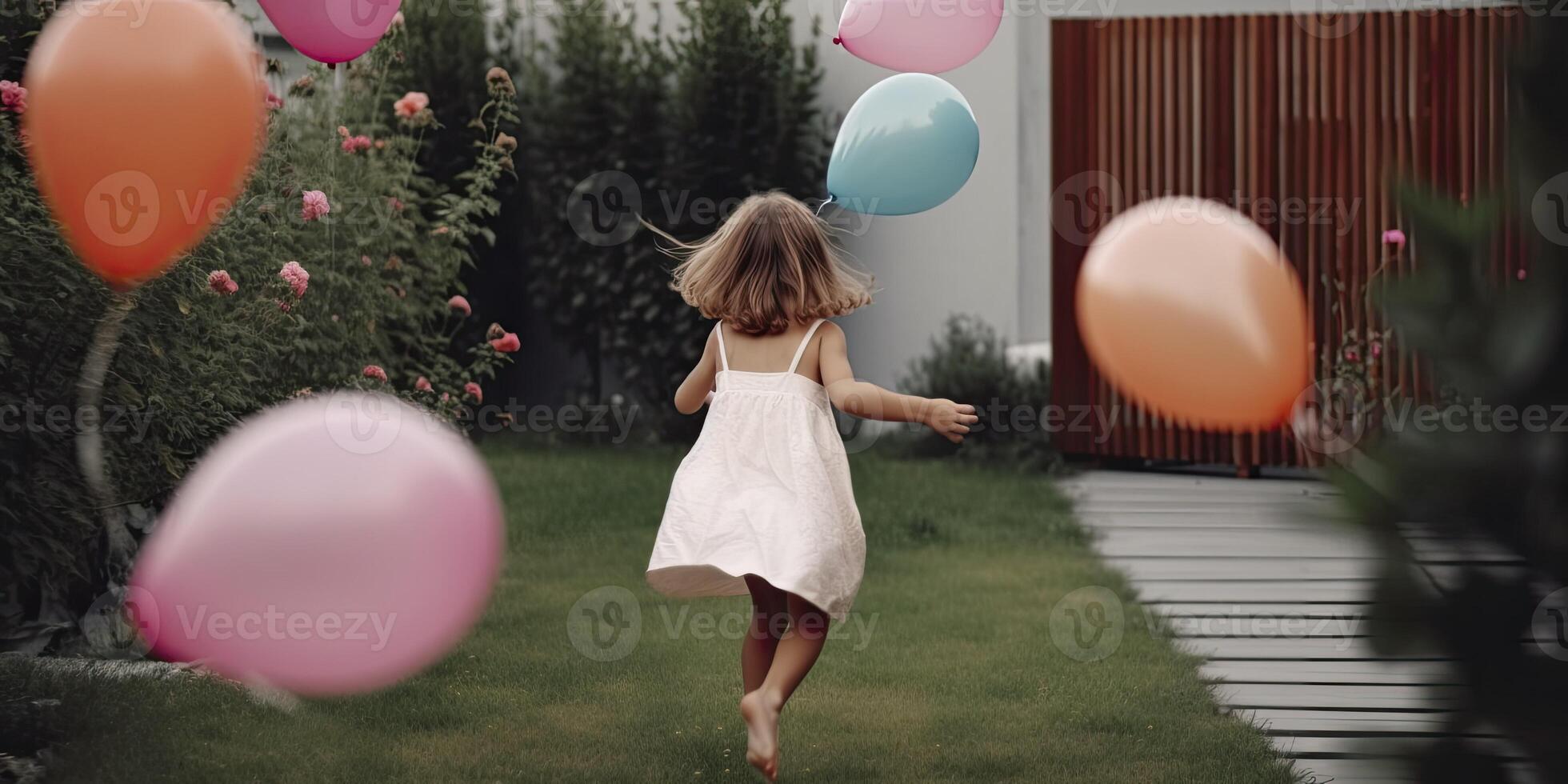 Happy child playing with bright multicolor balloons outdoor. Kid having fun in flower garden against twilight sky background. Vacation and travel concept, Generative AI photo