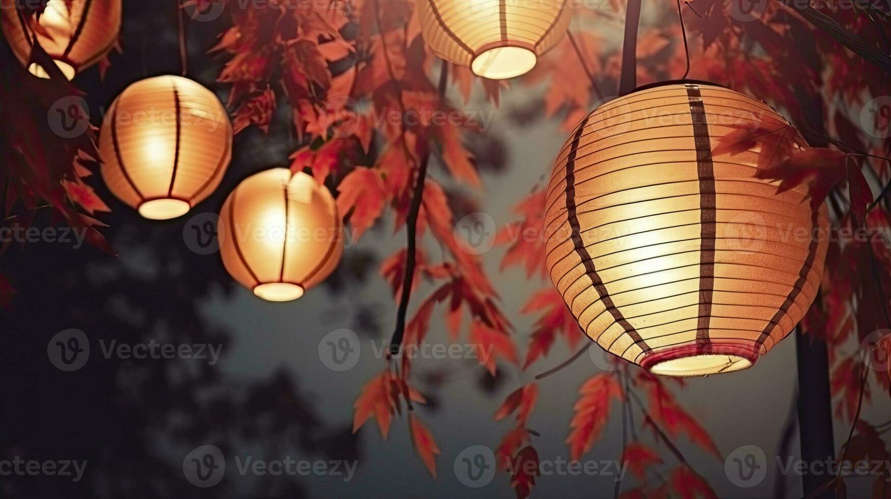 Paper lantern festival during autumn, Germany Paper Lantern Festival, Night ceremony with a lot of vintage lamps and candles on big tree photo