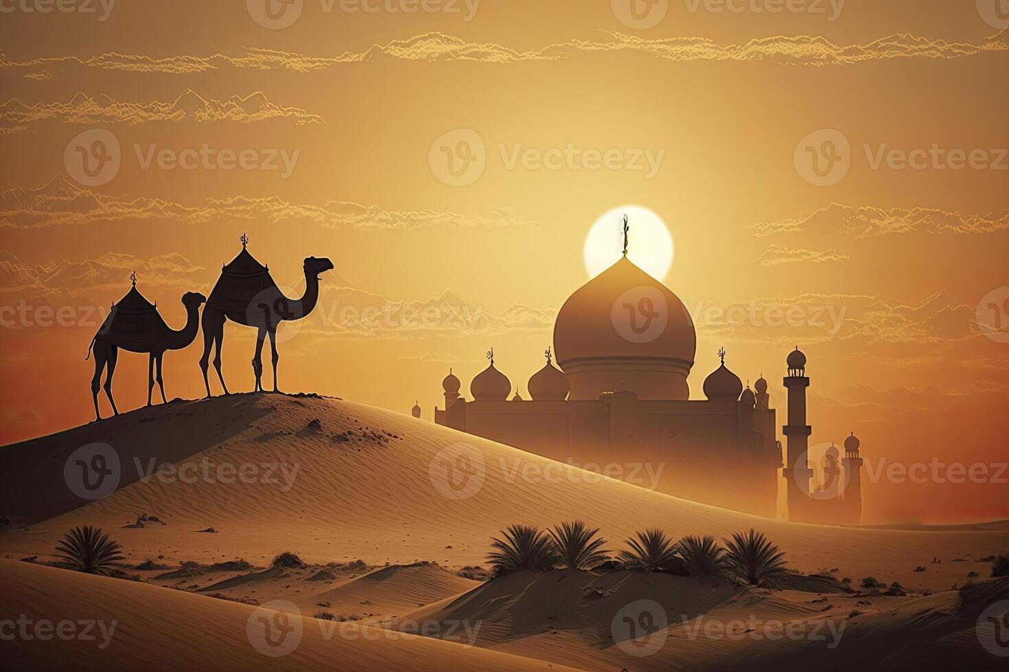 Ramadan background, mosque with a beautiful desert landscape background, photo