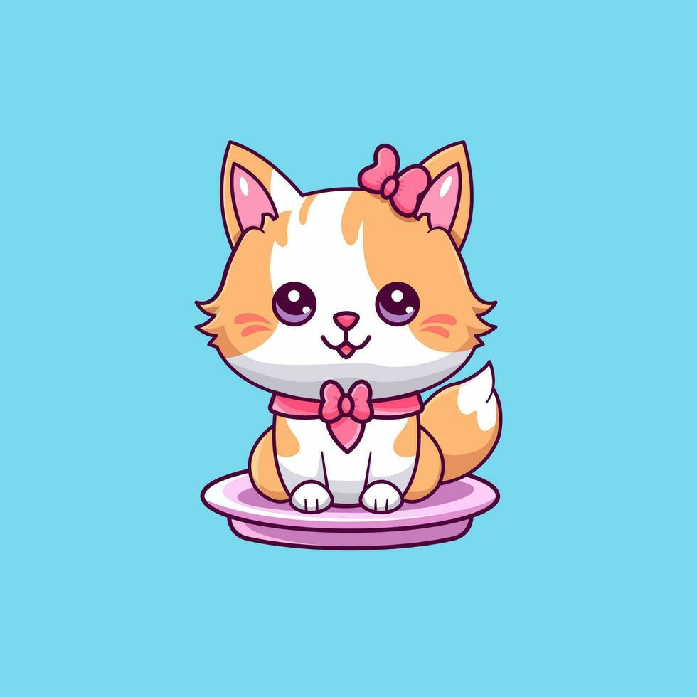 An irresistibly cute 2D vector cartoon of a chibi cat. Round eyes sparkle with joy, tiny paws uplifted. Soft, pastel shades coat its delightful, plump figure