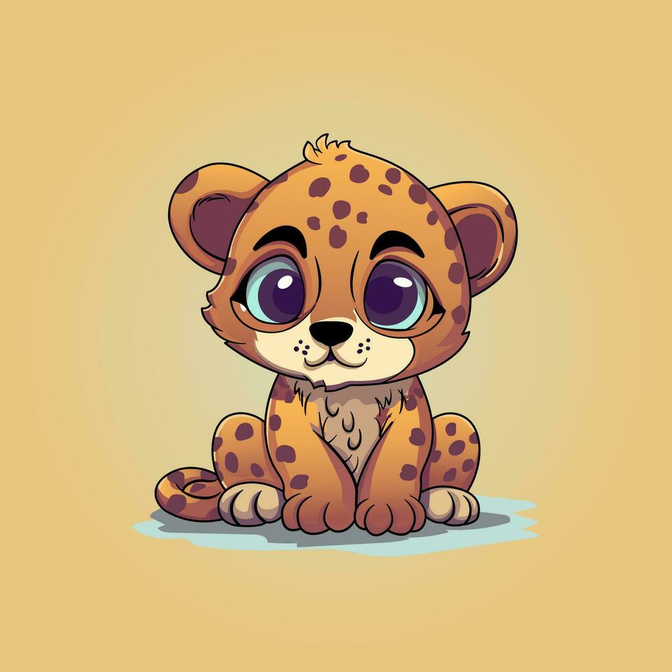 A charming 2D vector cartoon of a cheetah. Its big, expressive eyes sparkle, tail playfully curled cartoon style. vector illustration