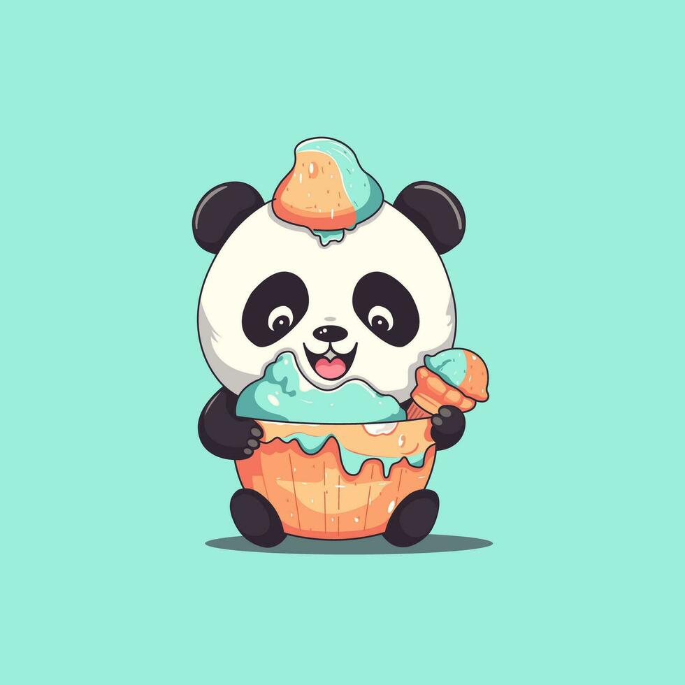 linda panda comer hielo crema dibujos animados mascota personaje. vector ilustración