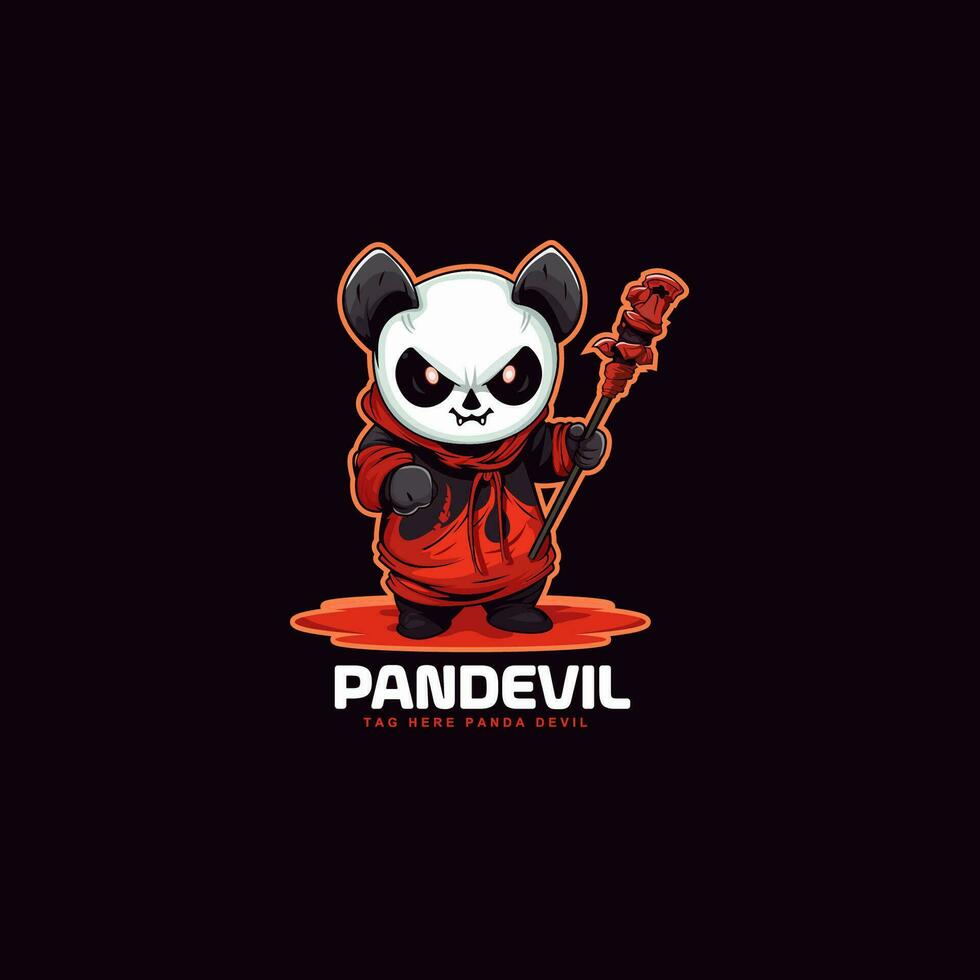 linda adorable dibujos animados panda siendo un diablo que lleva un palo. panda dentro rojo fantasma mascota logo vector ilustración