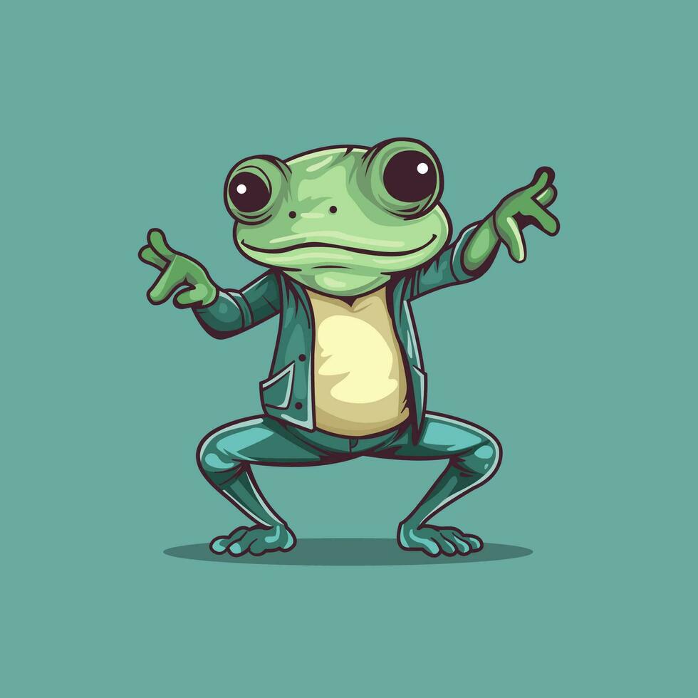 cartoon frog is dancing wearing a blue jacket and pants. vector illustration