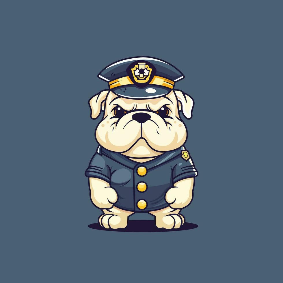 Cute bulldog dressed as a police officer in a 2D cartoon vector illustration