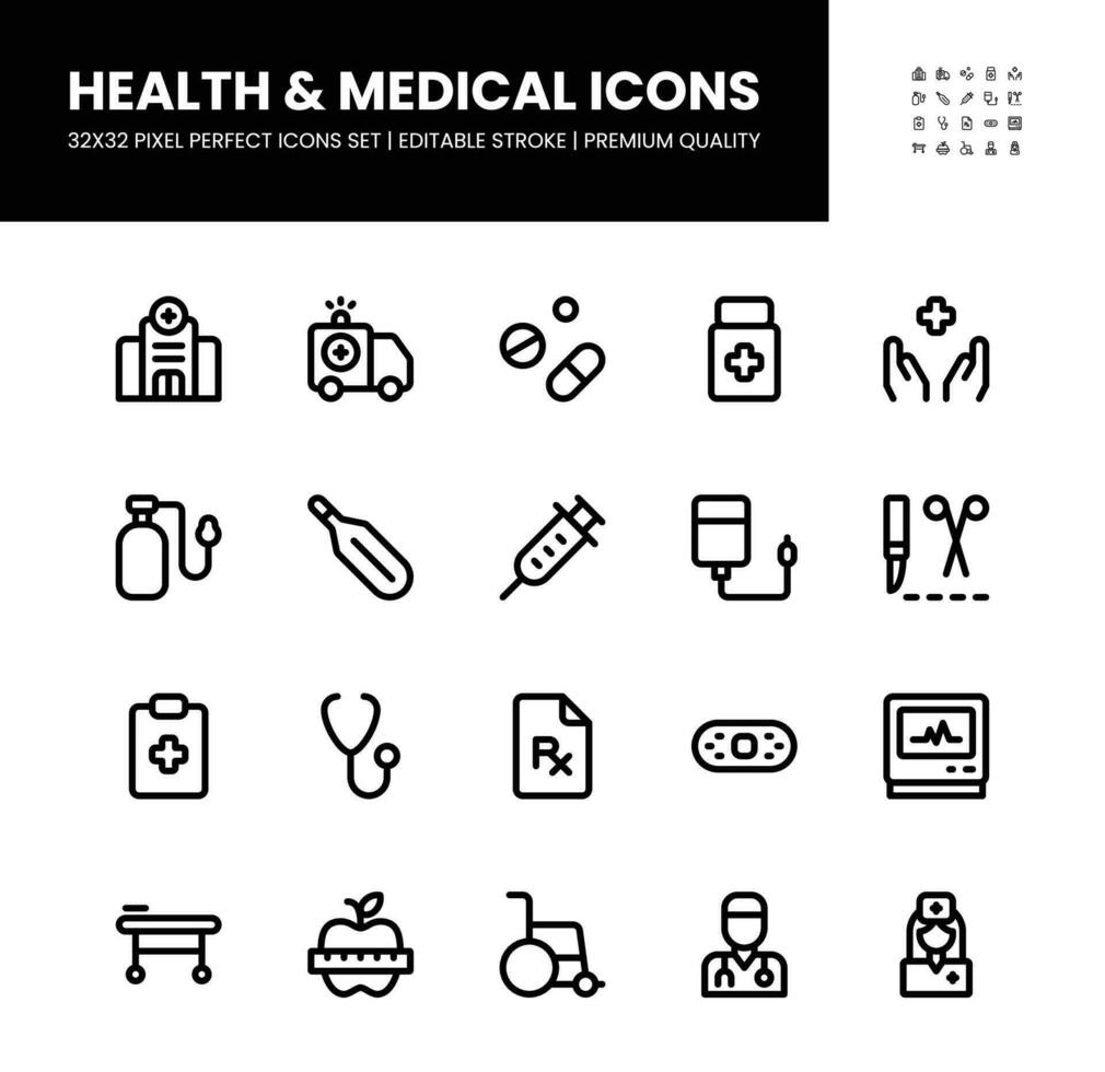 Health and medical icons set in 32 x 32 pixel perfect with editable stroke vector