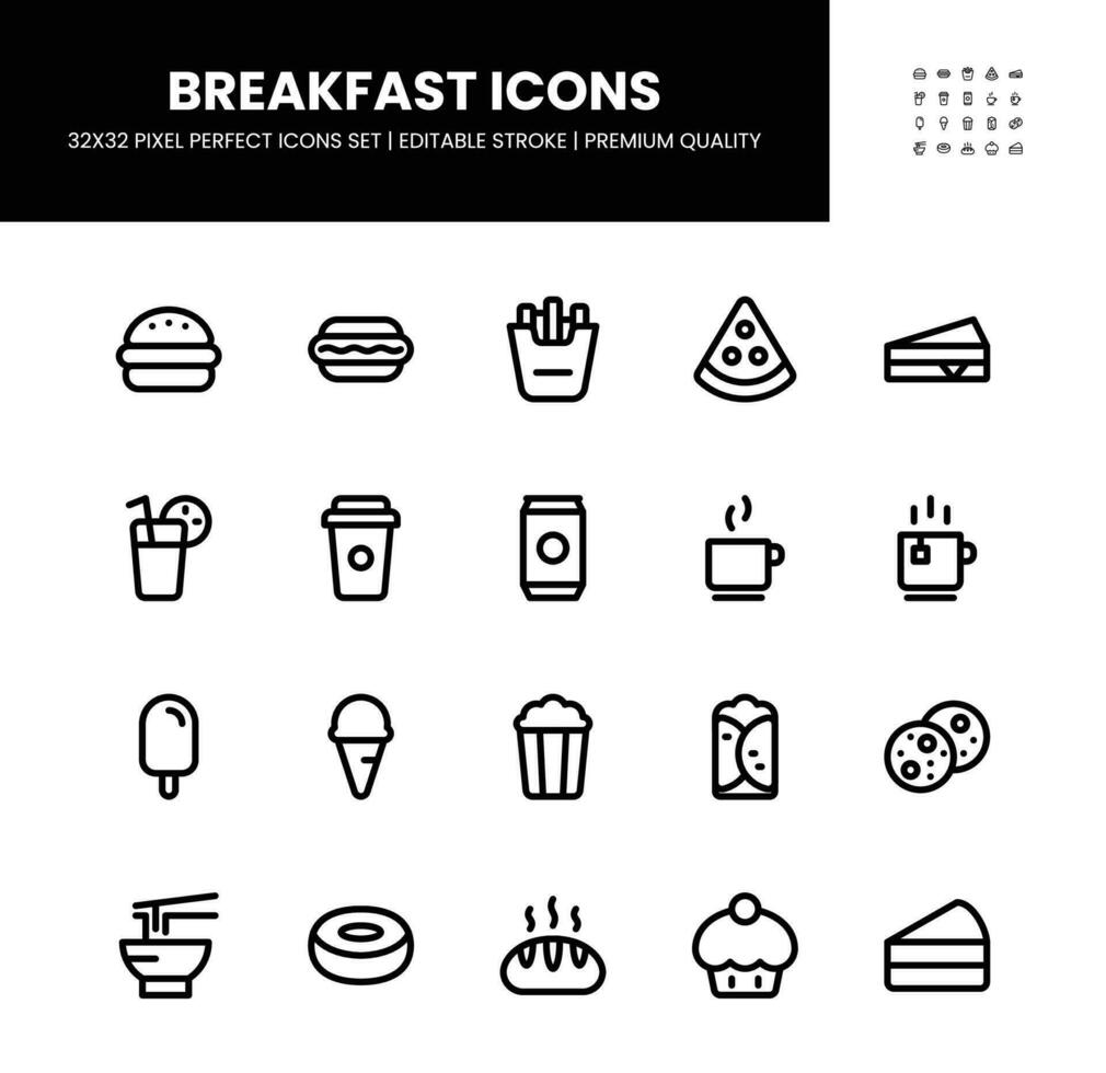 Breakfast icons set in 32 x 32 pixel perfect with editable stroke vector