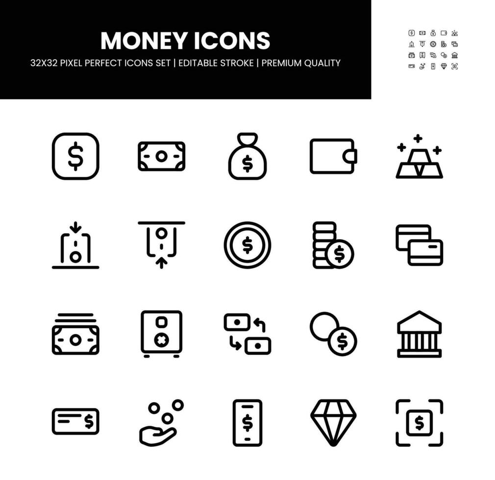 Money icons set in 32 x 32 pixel perfect with editable stroke vector