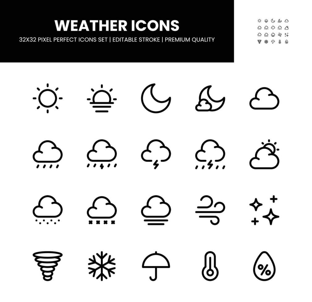 Weather icons set in 32 x 32 pixel perfect with editable stroke vector