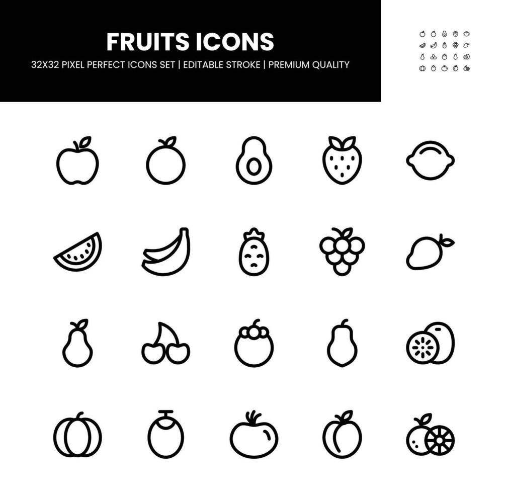 frutas íconos conjunto en 32 X 32 píxel Perfecto con editable carrera vector