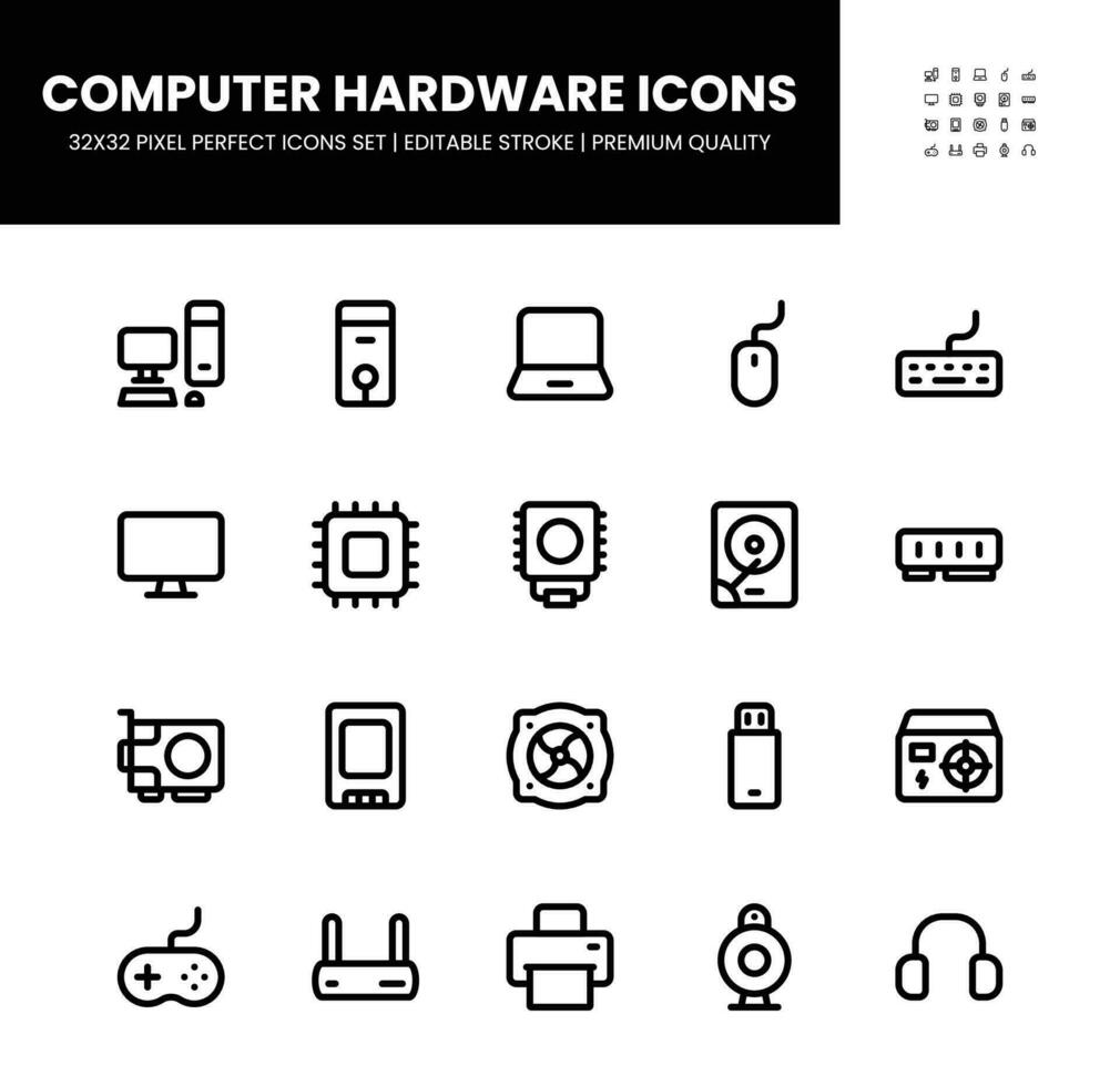 Computer Hardware icons set in 32 x 32 pixel perfect with editable stroke vector