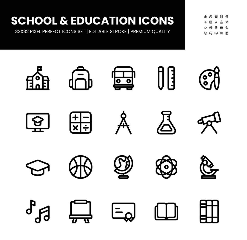 School and education icons set in 32 x 32 pixel perfect with editable strok vector