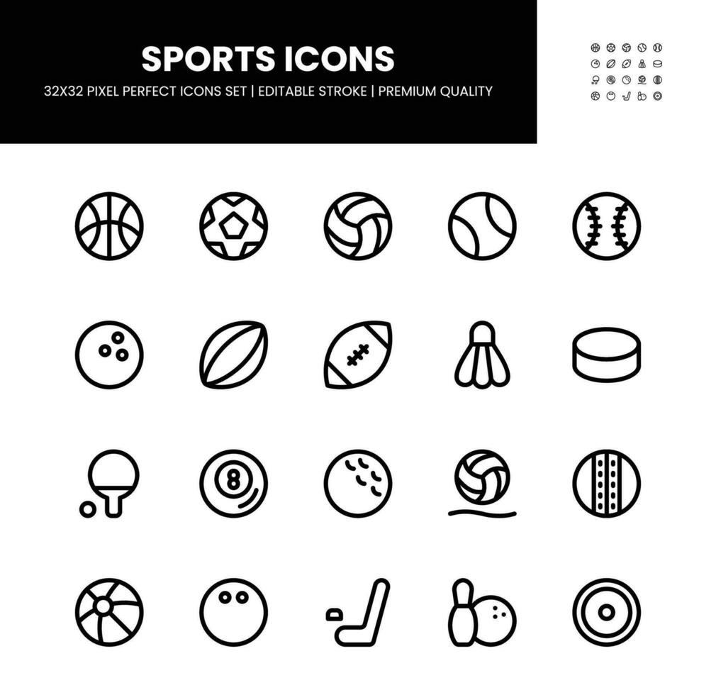 Sports icons set in 32 x 32 pixel perfect with editable stroke vector