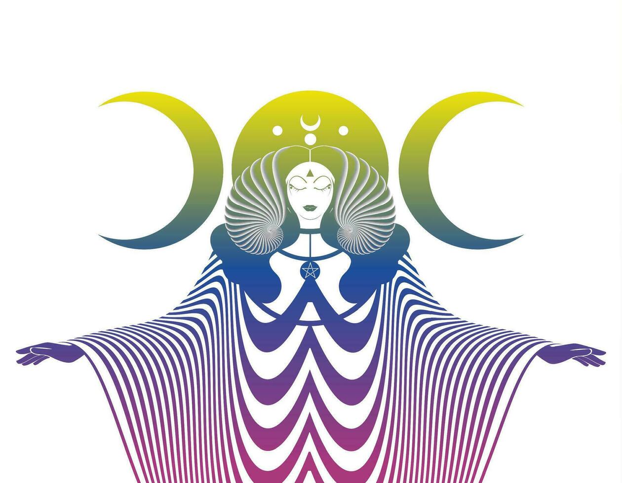 Magical triple goddess, priestess. Colorful Beautiful fairy woman with horns and long dress. Gothic Witch wiccan female sacred design, magic moon. Vector isolated on white background in art deco style