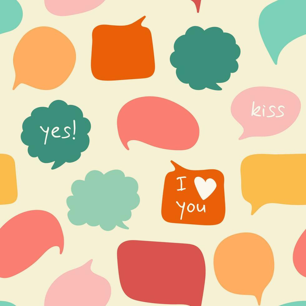 Seamless pattern of hand drawn different retro speech bubbles on yellow background vector