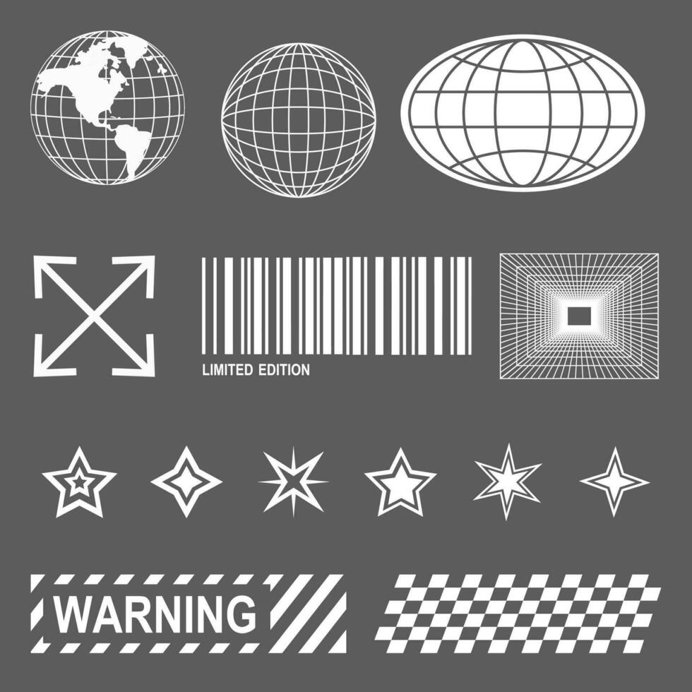 White street wear elements, y2k retro elements, wireframe, cyberpunk elements vector