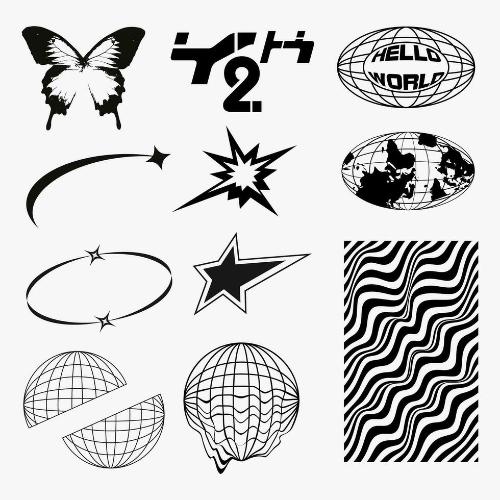 Y2k Design Projects, globes, butterfly, stars, abstract shape for t shirt street wear fashion and y2k element style vector