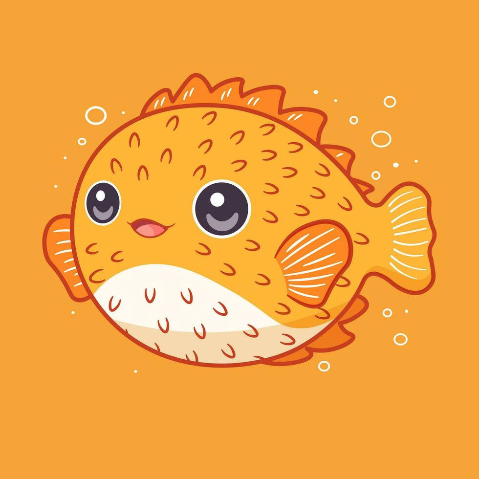 Cute cartoon puffer fish. Vector illustration on orange background.