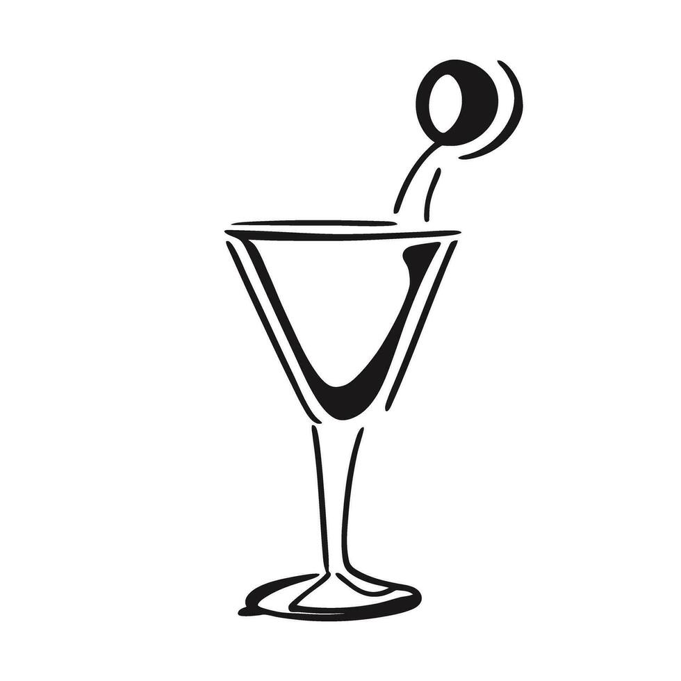 Martini glass icon. Cocktail glass, doodle style. Line art. Minimalism. Black and white illustration. vector