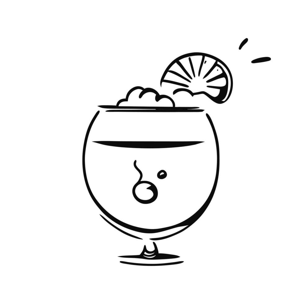 Brandy. Cocktail vector illustration. The original logo for the drink with lemon. Cognac glass glass in the style of line art. The concept of a long-awaited vacation.