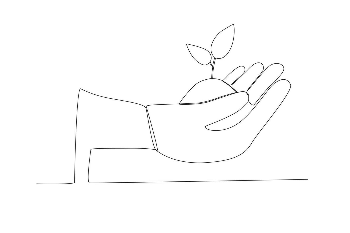 vector continuo uno línea dibujo palma mano participación juntos un verde joven planta.