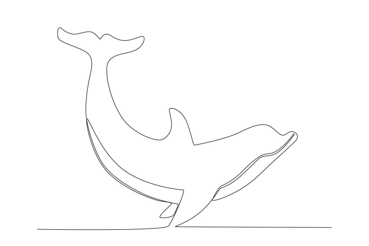 Continuous one line drawing cute blue dolphins, dolphin jumping and performing tricks with ball for entertainment show. Animal mascot for swimming pool. Single line design vector graphic illustration