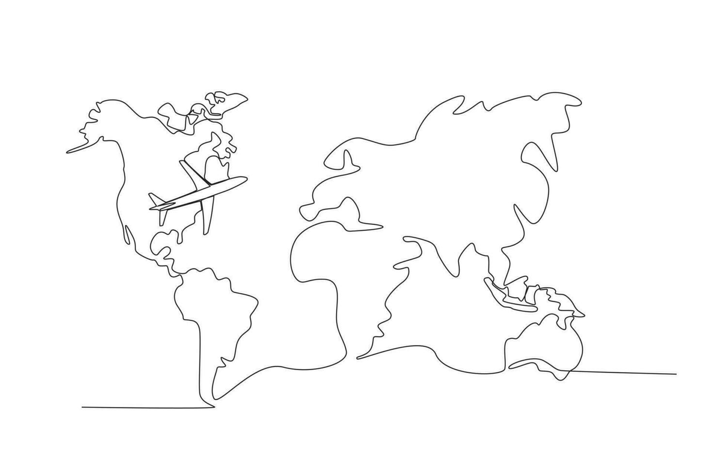 The plane looks small on the world map. Continuous one line drawing of world atlas minimalist vector illustration design. simple line modern graphic style. Hand drawn graphic concept for education