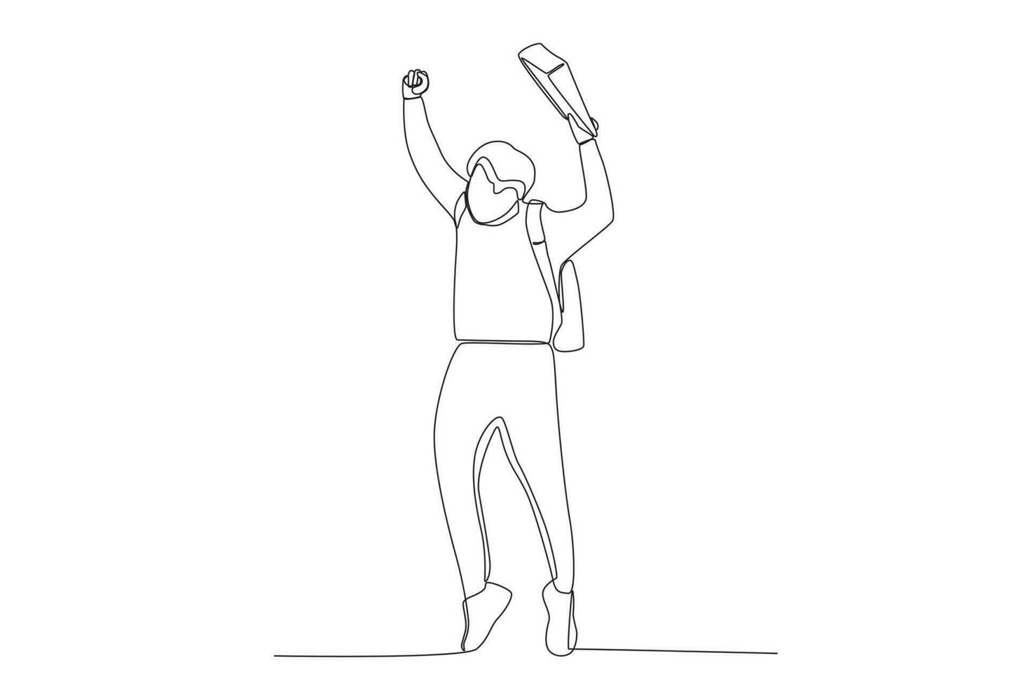 Continuous line drawing of young happy male student jumping to celebrate his final exam result graduation hand drawn art vector
