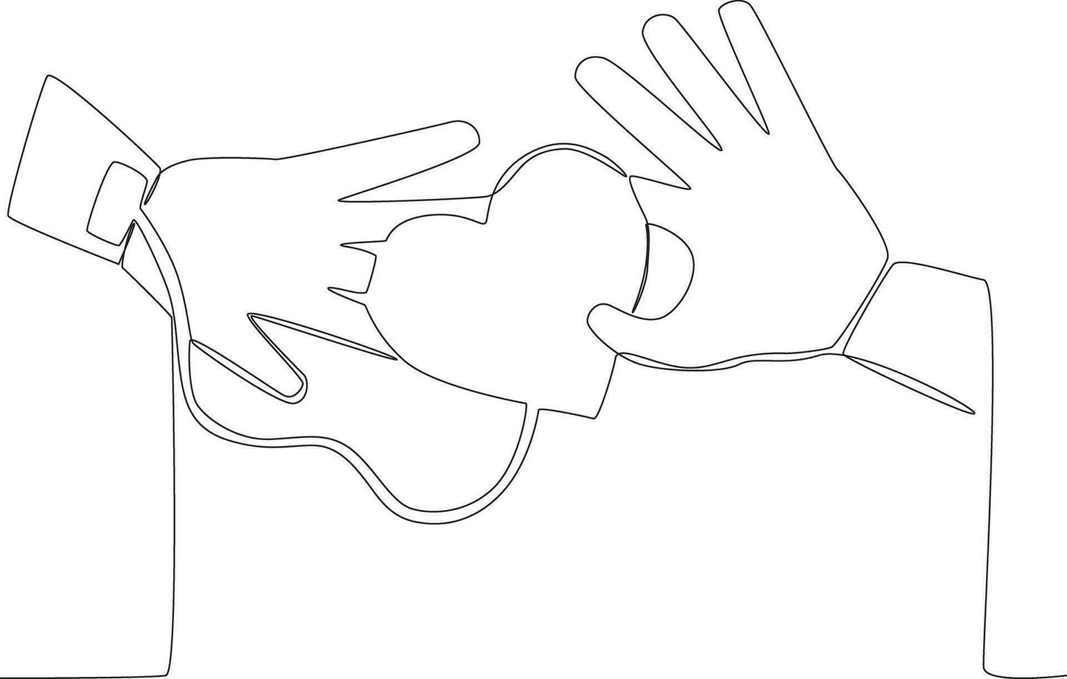 Single continuous line drawing one hand holds the heart and the other accepts the donor. blood donor day concept vector
