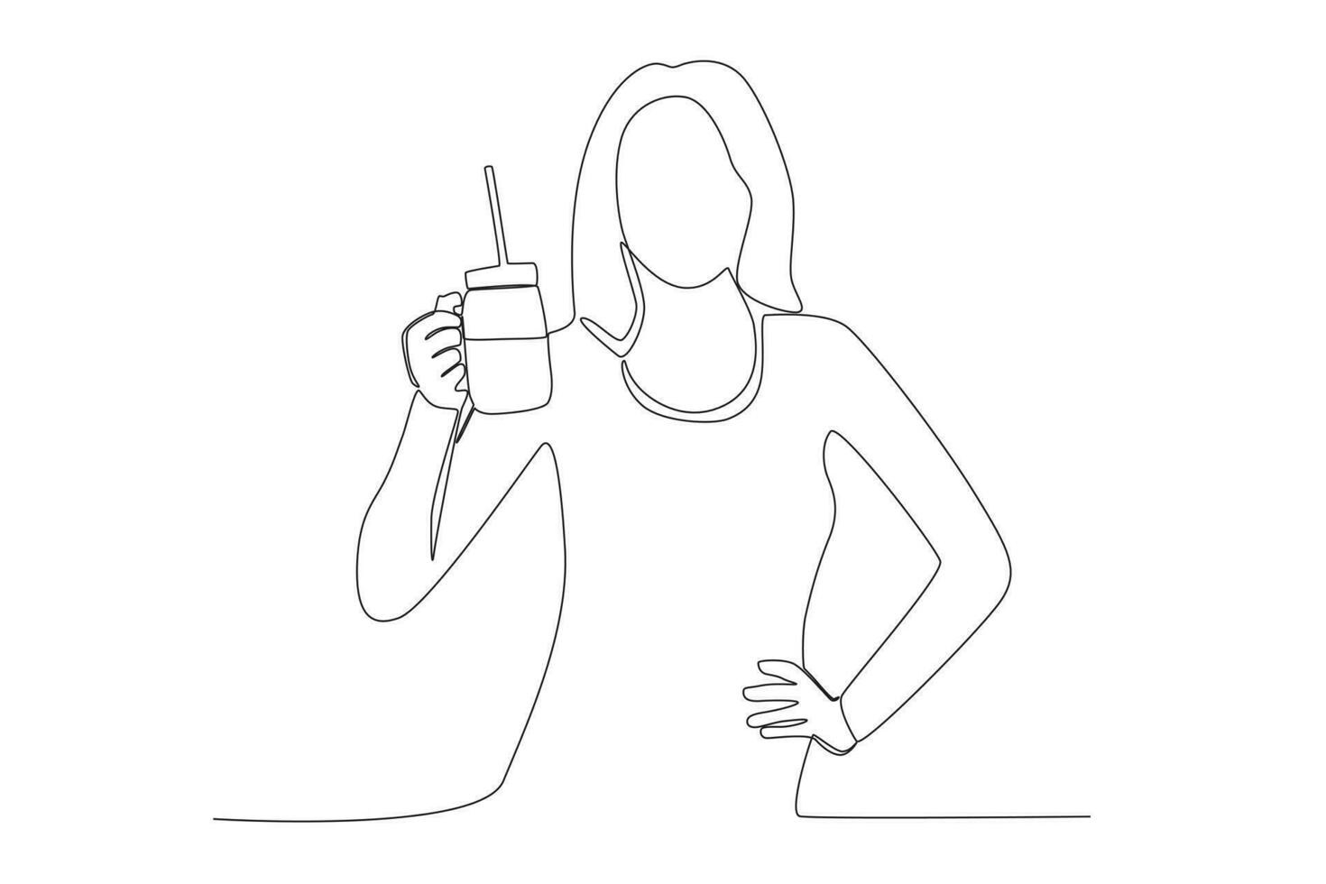 Vector woman with long hair holding glass with alcohol line art illustration, woman with wine glass