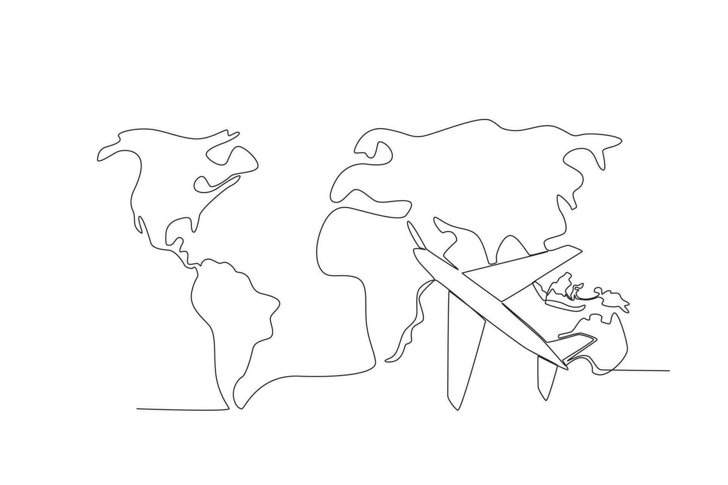 avión en mundo mapa.continuo uno línea dibujo de mundo atlas minimalista vector ilustración diseño. sencillo línea moderno gráfico estilo. mano dibujado gráfico concepto para educación