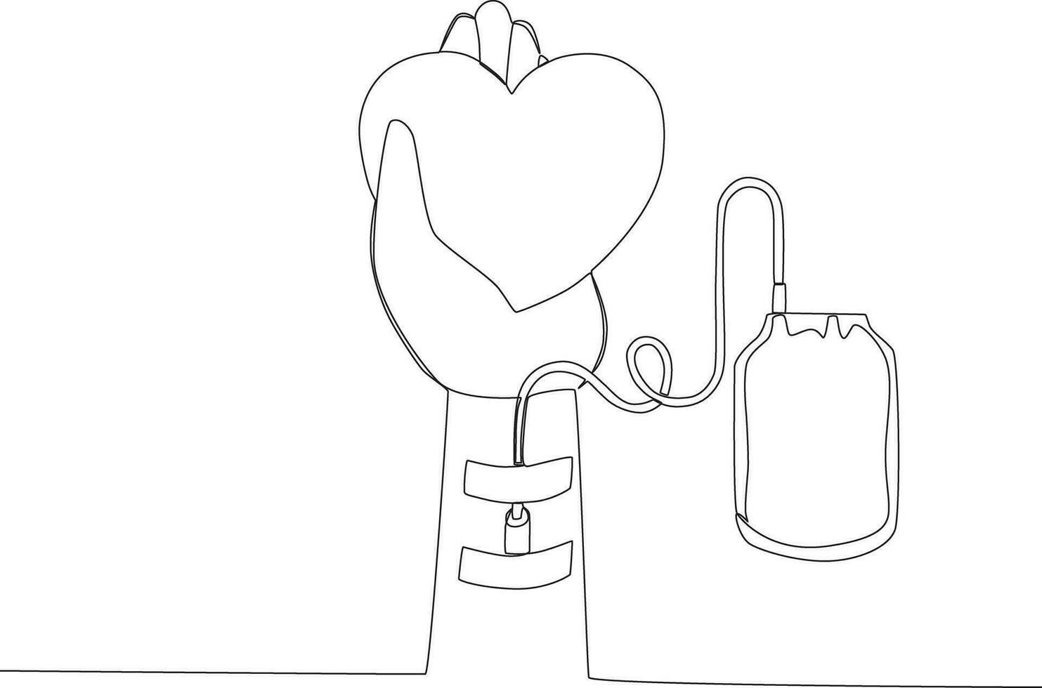 Single continuous line drawing hand is donating blood and holding heart. blood donor day concept vector