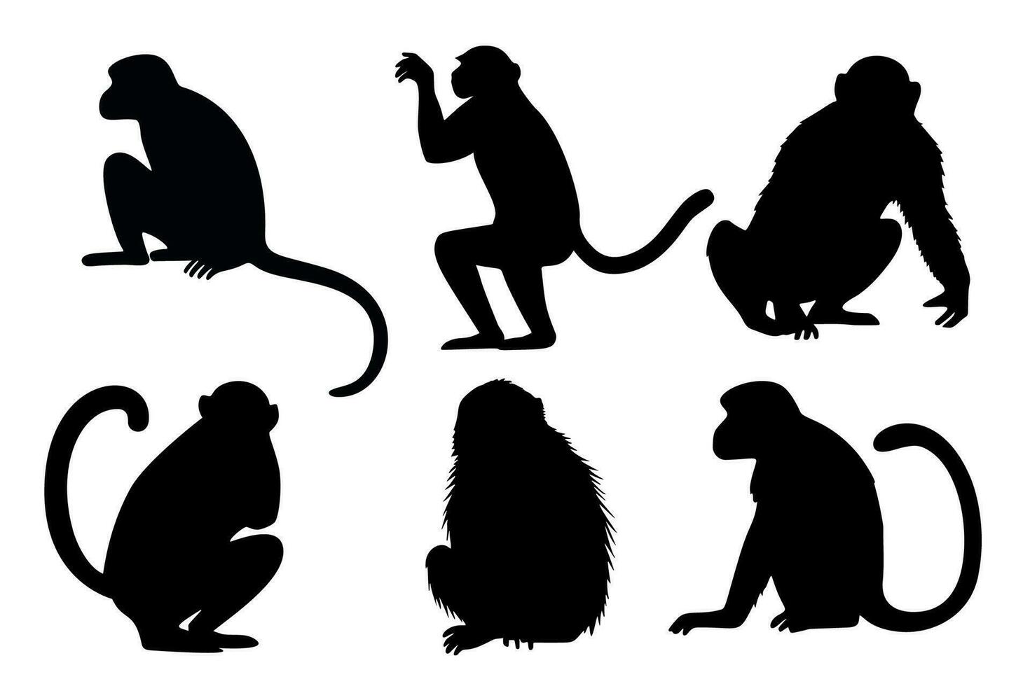 Monkey black silhouettes set. Animals primate in different poses. Vector illustration isolated on white background