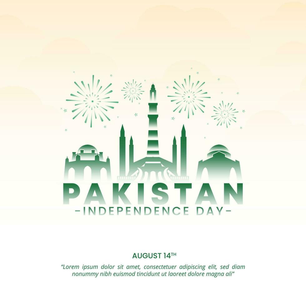 Square Pakistan Independence Day background with a silhouette of buildings and fireworks vector