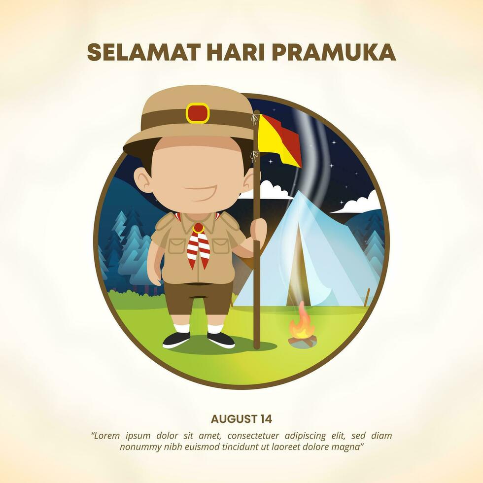 Square Selamat Hari Pramuka or Happy Indonesian Boy Scout Day background with a camping boy scout vector