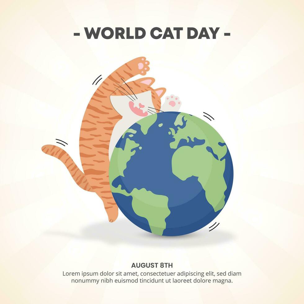 Square world cat day background with a cat playing with an earth ball vector