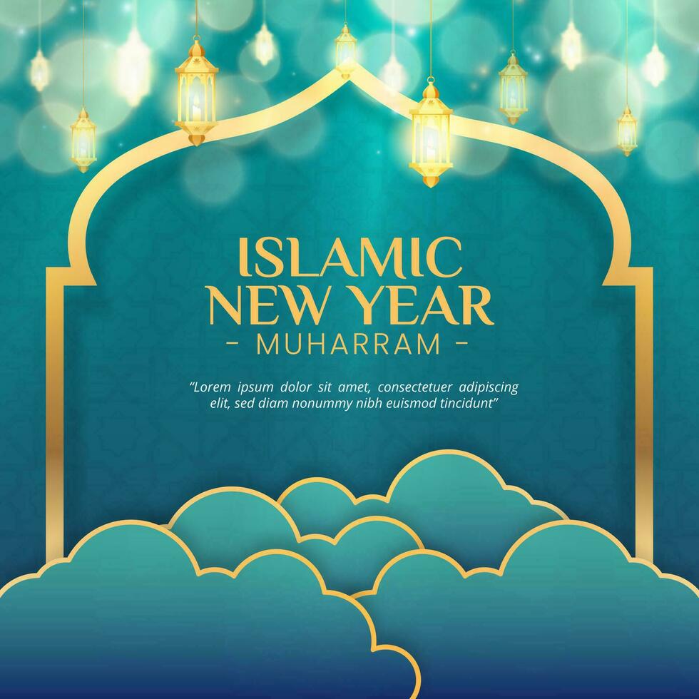 Square Islamic new year background with cutting paper clouds and lanterns vector