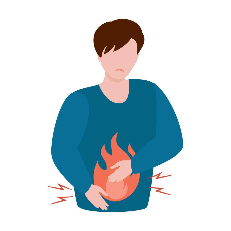 Man hurts stomach and intestines. Suffering from stomach burns with pain. Healthcare and medicine concept. Vector illustration.