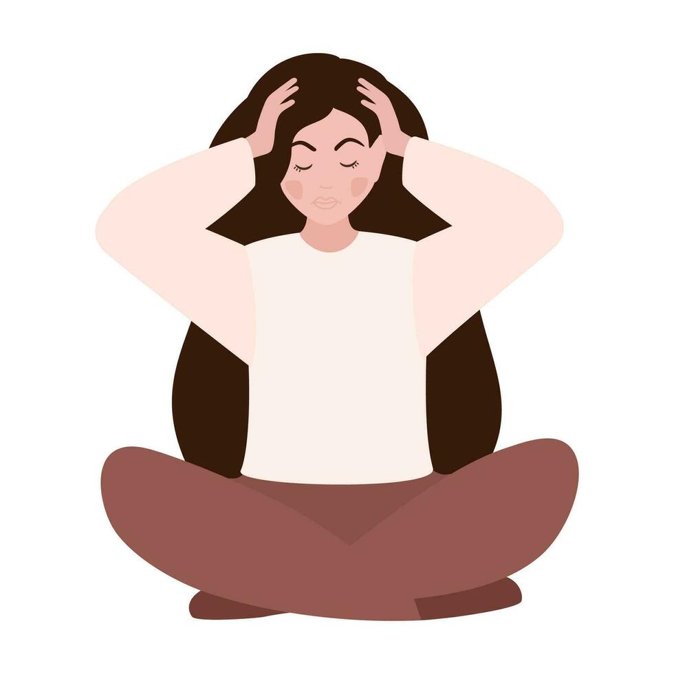 Unhappy girl suffers from vertigo and headache and needs medical help. Overwork. Symptom of influenza and other diseases. Stress. Healthcare and medicine concept. Vector illustration.