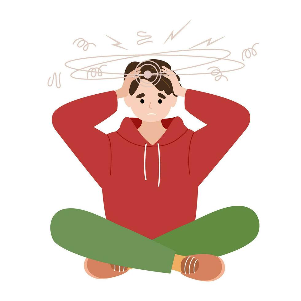 Unhappy man suffers from vertigo and headache and needs medical help. Overworked. Symptom of influenza and other diseases. Stress. Healthcare and medicine concept. Vector illustration