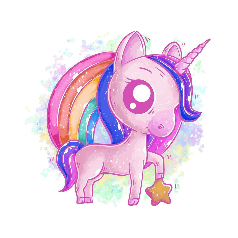 Cute unicorn is in front of rainbow cartoon vector