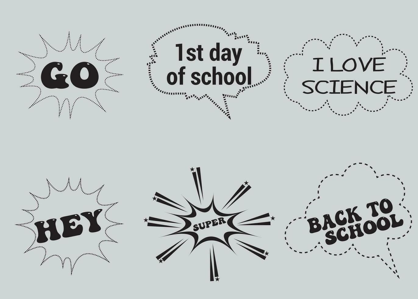 Lettering back school, go, goal, football, super, hey. Set comics book balloon. Bubble speech phrase. Cartoon exclusive font label tag expression. Comic text sound effects. vector