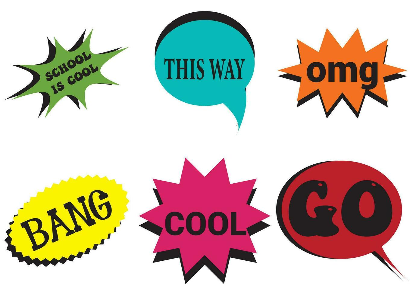 Lettering back school, go, goal, football, super, hey. Set comics book balloon. Bubble speech phrase. Cartoon exclusive font label tag expression. Comic text sound effects. vector