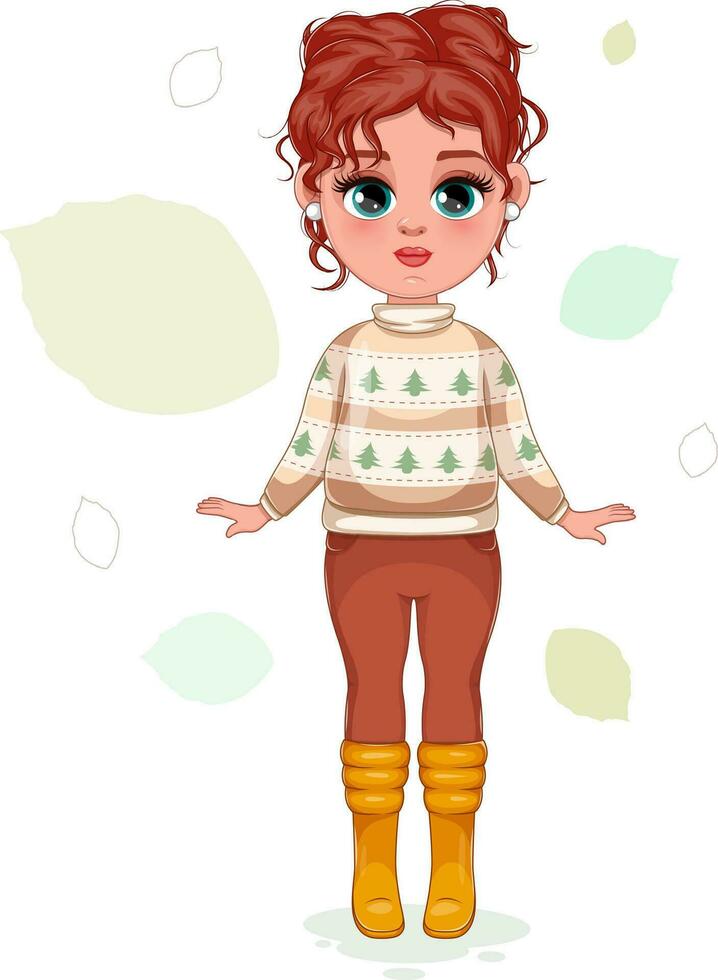 Adorable Girl in Stylish Fall-Winter Outfit. Vector Illustration