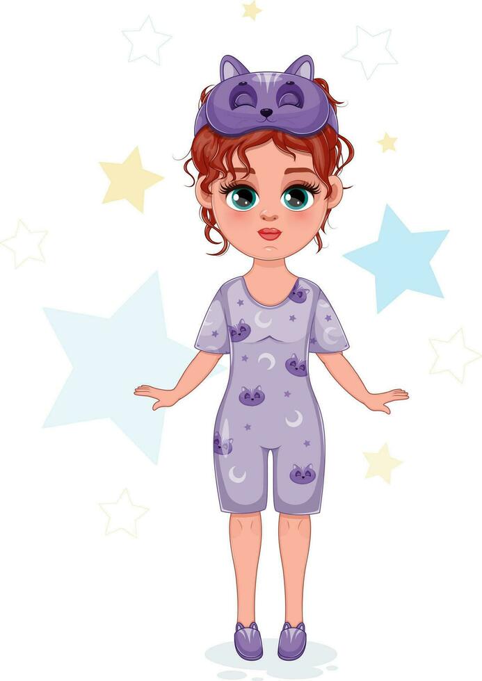 Adorable Girl in Beautiful Sleepwear. Vector Illustration