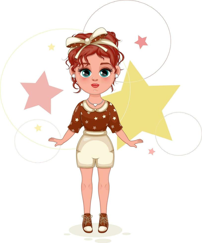Adorable Girl in Stylish Summer Outfit. Vector Illustration