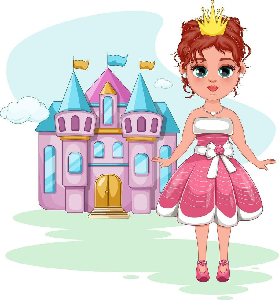 Enchanting Princess. Vector Illustration of a Girl in a Beautiful Dress with a Crown, Standing by the Castle