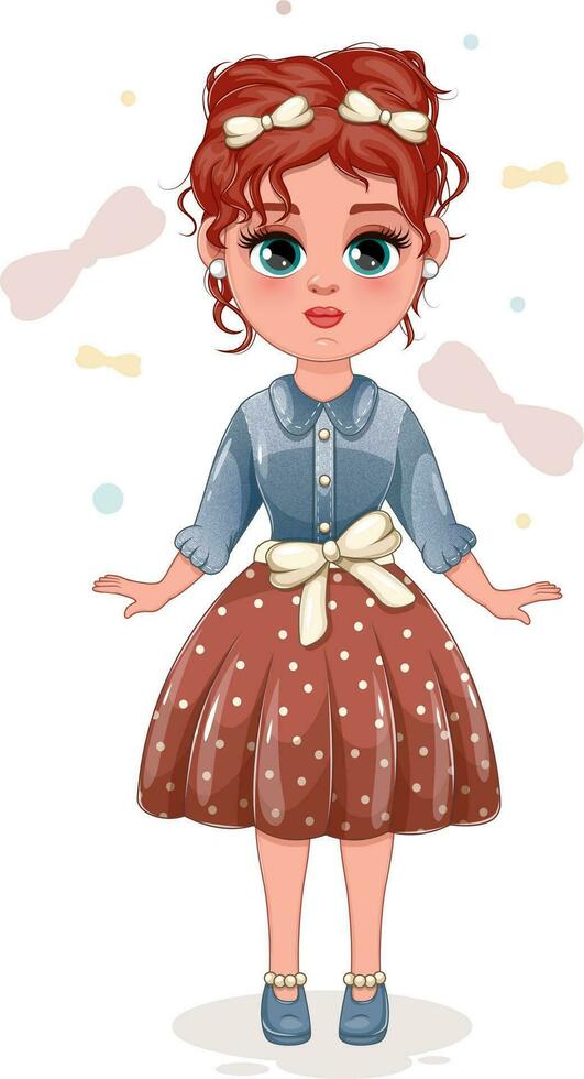 Elegant Girl in a Beautiful Dress with Charming Bows. Vector Illustration